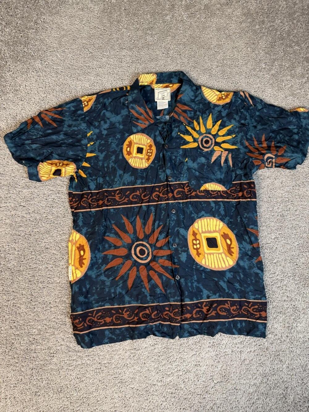 Coconut Pier Shirt Mens L Blue Hawaiian Button Up Rayon Sun Tribal Print